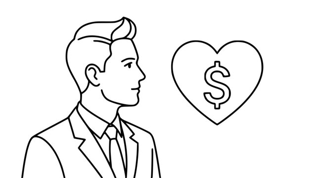 Continuous Line Art Businessman Looking at Heart Dollar Icon Indicating Financial Greed Passion for Wealth and Materialistic Corporate Ambition Concepts