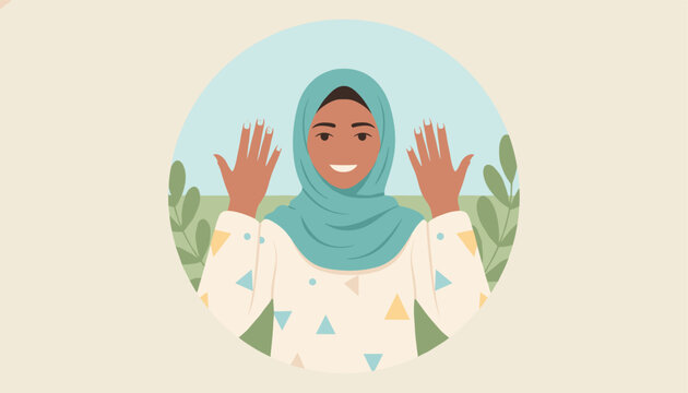 Cute portrait of a smiling young Muslim woman wearing a teal hijab waving both hands inside a circular frame with green leaves.