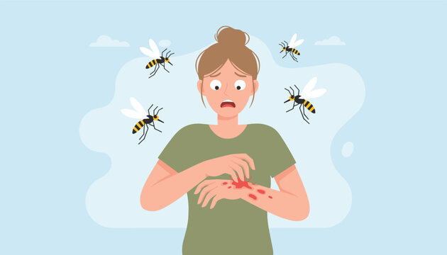 Young woman scratching her arm suffering from insect bites or allergic reaction while surrounded by flying wasps.