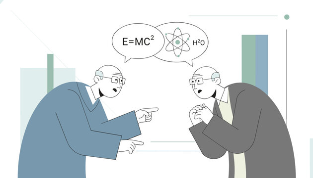 Two senior scientists in glasses debating complex scientific formulas and equations with speech bubbles.