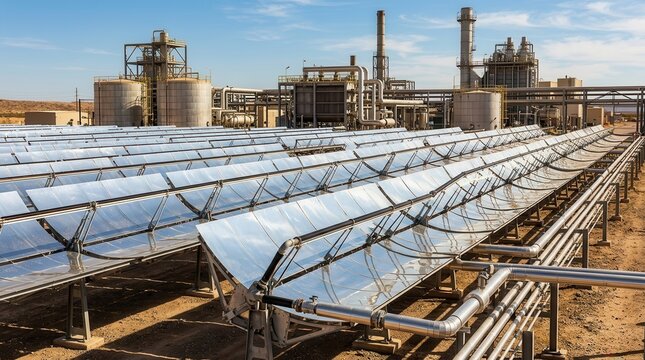 Modern solar energy farm with large-scale industrial plant in background under clear blue sky