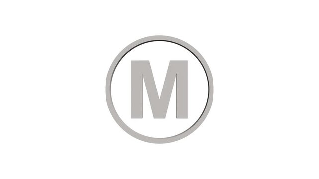 Animation of 3D font capital letter M with circle icon on white background. Educational concept. Alpha channel 4k. Logo design animation. 