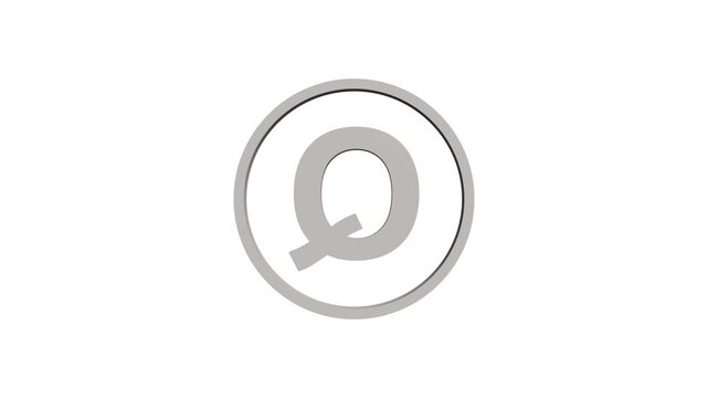 Animation of 3D font capital letter Q with circle icon on white background. Educational concept. Alpha channel 4k. Logo design animation. 