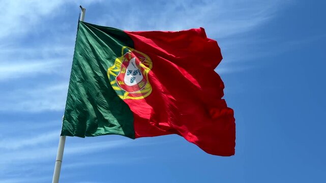 Low-angle view of national flag fluttering in strong wind, red and green fabric with central yellow emblem and partial white shield, waving across bright blue sky with soft clouds