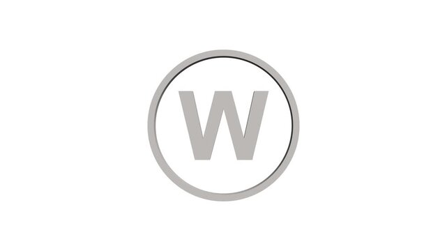 Animation of 3D font capital letter W with circle icon on white background. Educational concept. Alpha channel 4k. Logo design animation. 