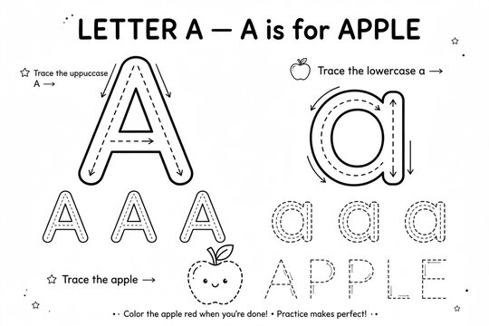 Kids alphabet tracing worksheet letter A is for apple, educational preschool activity