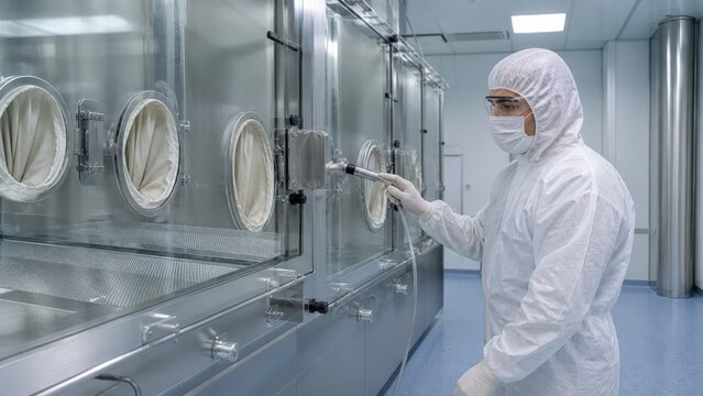 Cleanroom environmental monitoring - a scientist positioning an air inlet at a pharmaceutical isolator