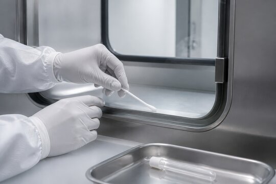 Cleanroom environmental monitoring - hands swabbing a transfer hatch ledge