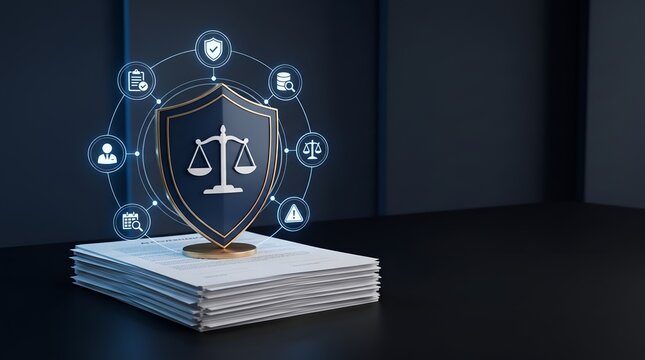 Legal Protection Shield With Scales Of Justice On Stacked Documents For AI Governance Regulation And Business Compliance Policy Ideal For Cyber Security And Corporate Ethics Concepts