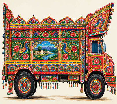 Vibrant Pakistani Truck Art Lorry.antique linework, circles, ornamental grids and engraving textures. 