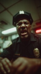 Obraz premium An angry cop yells at the camera, an angry security guard interrogates a thief at a negotiating table. High quality