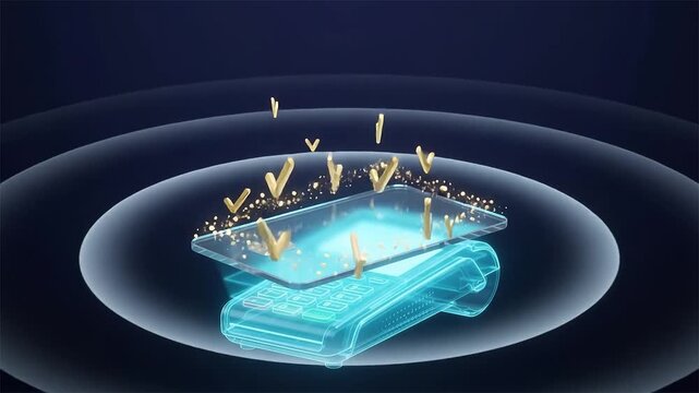 Transparent Credit Card Tap on Futuristic EDC POS Terminal with NFC Signal Waves and Golden Checkmarks Success Animation