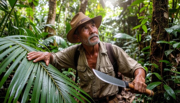 Adventurous old man exploring a humid tropical jungle with a machete