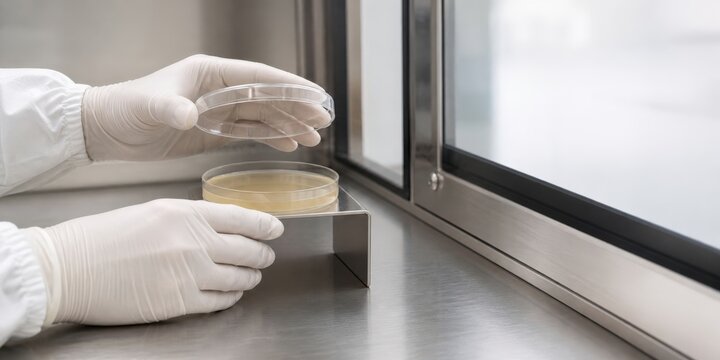 Cleanroom environmental monitoring - sterile hands placing a settle plate at an isolator