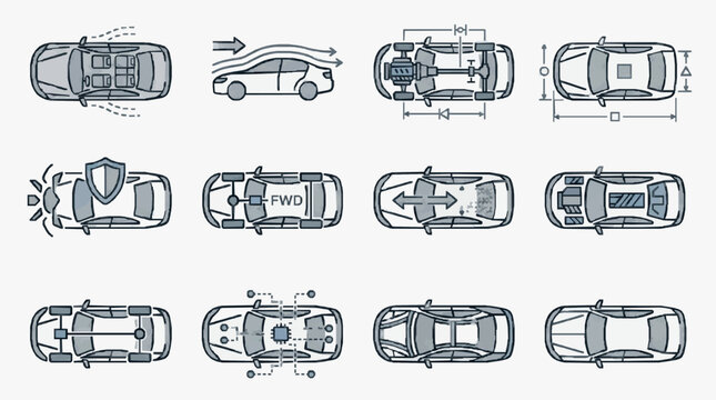 Car Engineering Layouts Showing Top Side and Interior Views with Drive Configurations
