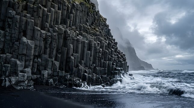 Basalt columns stand against crashing ocean waves on a black beach
