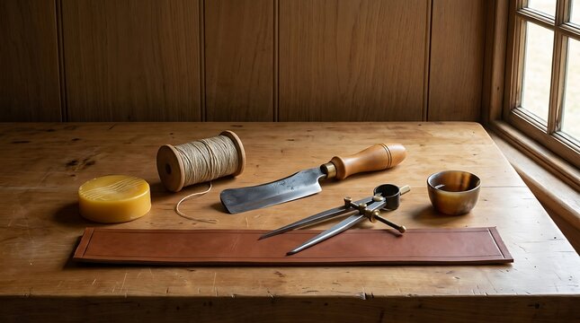 Leatherworking tools with thread spool and beeswax on wooden table for manual craft work.