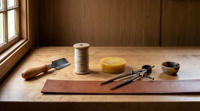 Leather crafting tools, thread, wax, dividers, and a hide on a rustic wooden table.