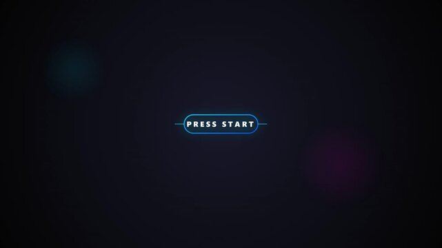 Futuristic neon glow video game start screen button with glowing blue text and dark background