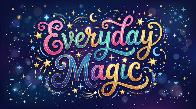 "Everyday Magic" vibrant colorful hand lettering with cosmic sparkles and stars, a dreamy night sky design perfect for inspirational blogs, social media posts, greeting cards, and motivational decor
