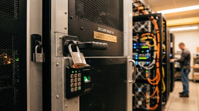 Secure Server Rack Door with Padlock and Biometric Access Control in a Data Center
