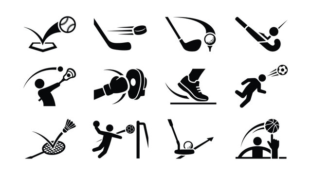 Set of black and white icons showing various sports activities and equipment