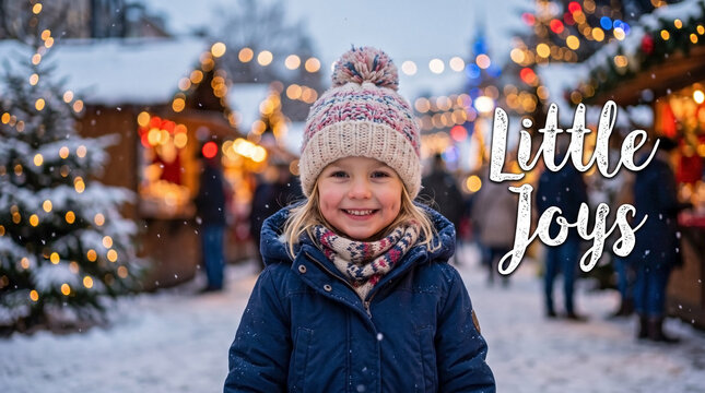 Smiling child in winter hat at a snowy Christmas market, conveying childhood Christmas magic and festive market atmosphere for holiday blogs, greeting cards, social media