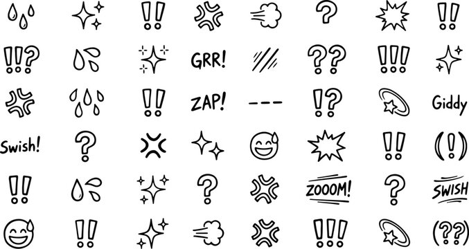 Collection of comic book emotion and action symbols including punctuation and visual effects with emotions punctuation cartoons graphics illustration exclamation question expressions sketches