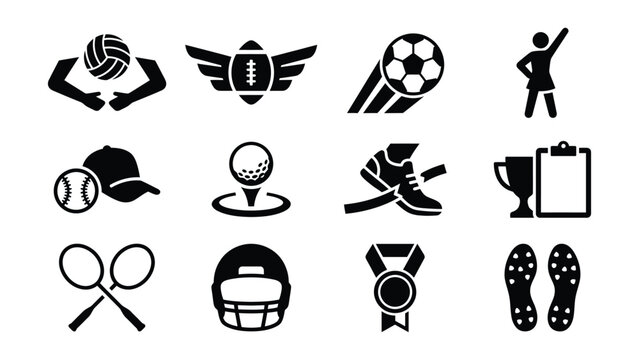 Set of black and white sports icons featuring various athletic activities
