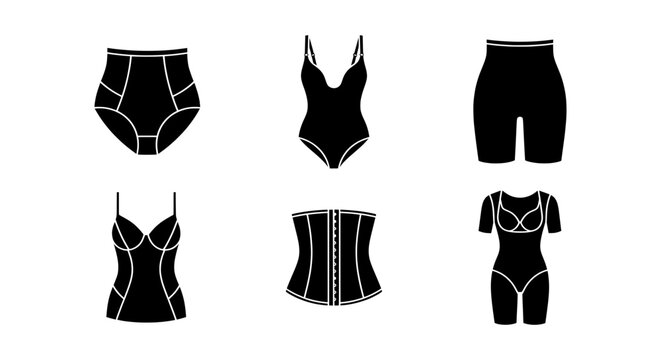 Minimalist shapewear vector icon set, black underwear and lingerie collection