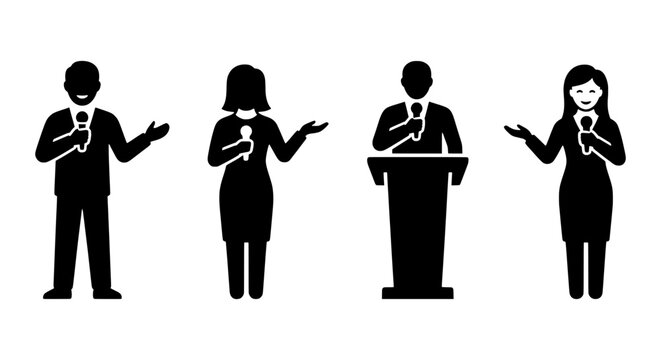 Public speaker black vector icons, public speaking presenter set, speech pictogram