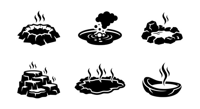 Hot spring vector icons, black thermal bath set, volcanic geyser graphics