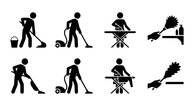 Cleaning service pictogram icon set, house cleaning and housekeeping symbols, black vector icons