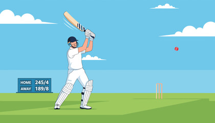 Obraz premium professional cricket player in white uniform hitting a red ball with a bat on a green field under a clear blue sky.