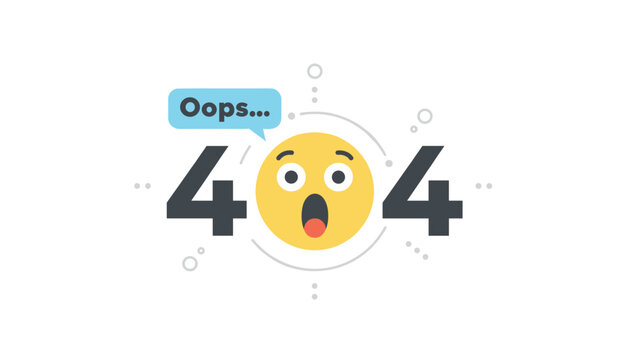Surprise emoji face on a website 404 error page with an Oops speech bubble and large numbers on a clean white background.