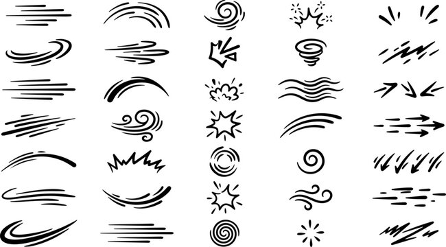 Set of hand drawn motion and speed line effects with handdrawn