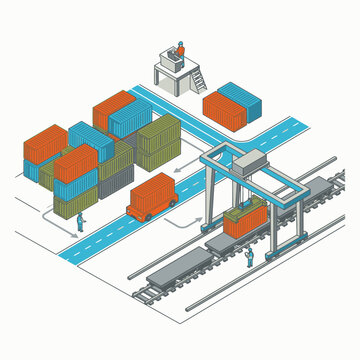 Modern Container Terminal with Color Coded Shipping Containers Trucks Trains and Crane Operations