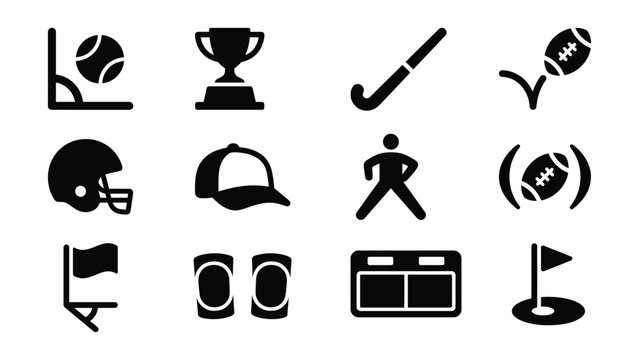 Set of twelve black icons representing various sports and fitness activities