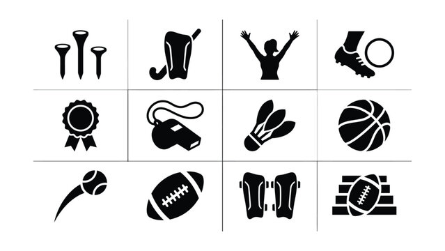 Set of twelve black icons representing various sports and awards on transparent background