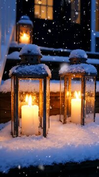 Snowy Lanterns Glowing Warmly with Candlelight, Gently Falling Snow Creating a Cozy Winter Ambiance. Festive Holiday Scene.