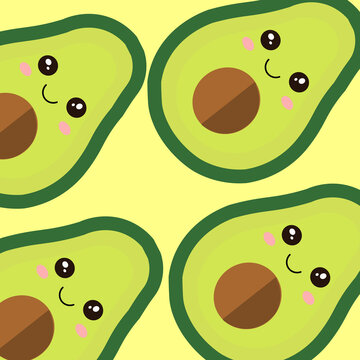 Cute kawaii avocado characters seamless pattern with smiling fruit illustration