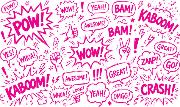 Set of pink comic book speech bubbles and sound effects with text expressions expression illustration isolated creative