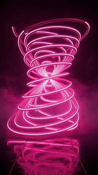 Pink Neon Spirals Rotating and Swirling in a Dark, Reflective Environment. Dynamic Looping Animation with Vibrant Light Trails.