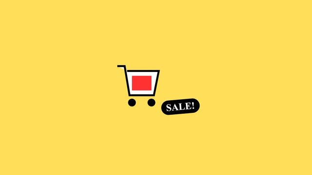 Animated shopping cart icon with a sale tag on a yellow background, perfect for retail promotions