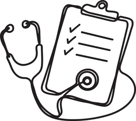 Fototapeta premium Continuous one line drawing of clipboard with stethoscope, medical check form report, health checkup concept. one line art icon drawing