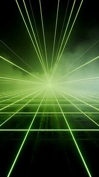 Glowing Green Laser Grid Animation with Dynamic Lines and Smoke Effects, Creating a Futuristic Tunnel Visual. and Visual Effects