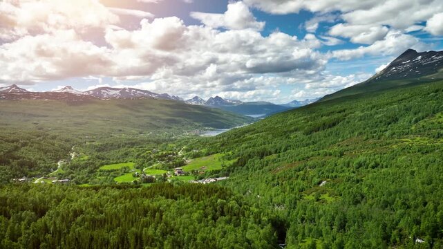 Aerial of a small town at the end of a fjord on the  amazing coastline of northern Norway.