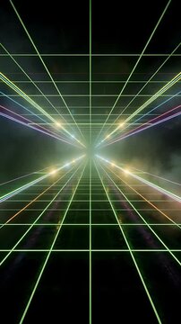 Glowing Grid Lines Converging in Perspective, Creating a Futuristic Tunnel Effect with Dynamic Light Trails. Seamless Looping Animation.