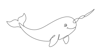 Narwhal Line Art: A simple, continuous line drawing depicts a smiling narwhal with its iconic tusk, showcasing the whimsical beauty of this marine creature. © Hossain