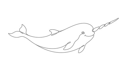 Narwhal illustration, one line drawing, a mythical sea unicorn with a prominent tusk, depicted in a simple, elegant continuous line art style. © Hossain